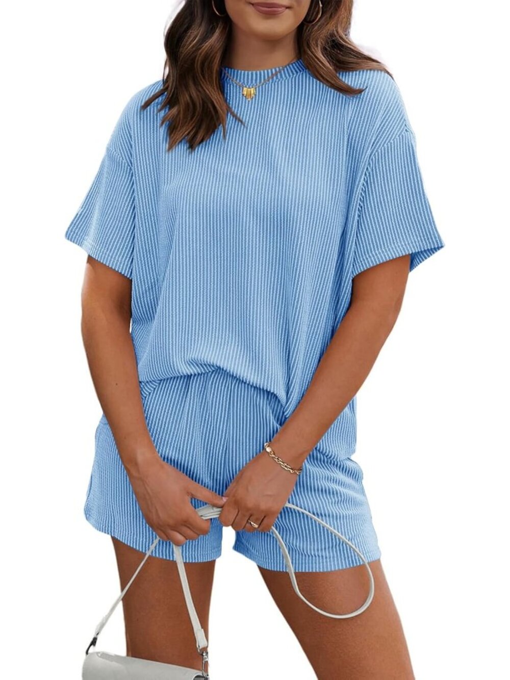 〽️Women's Shorts Set Blue Short Sleeves 2 Piece Oversized Matching Tracksuit